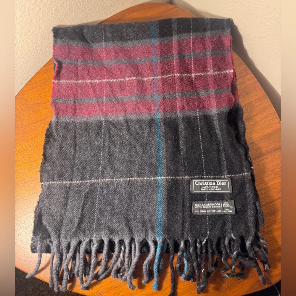 Vintage Christian Dior Monsieur 100% Lambswool Plaid Scarf